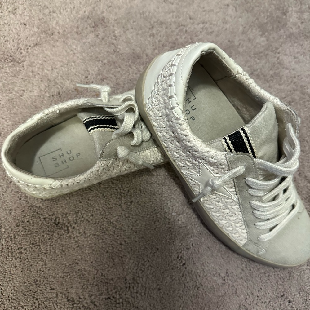 ShuShop White Braided Lace-Up Sneakers with Black Heel Stripe